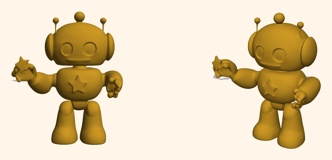 The robot's real print file seen from two angles: a solid gold robot standing on two feet, a small star in one outstretched hand and a star on its chest