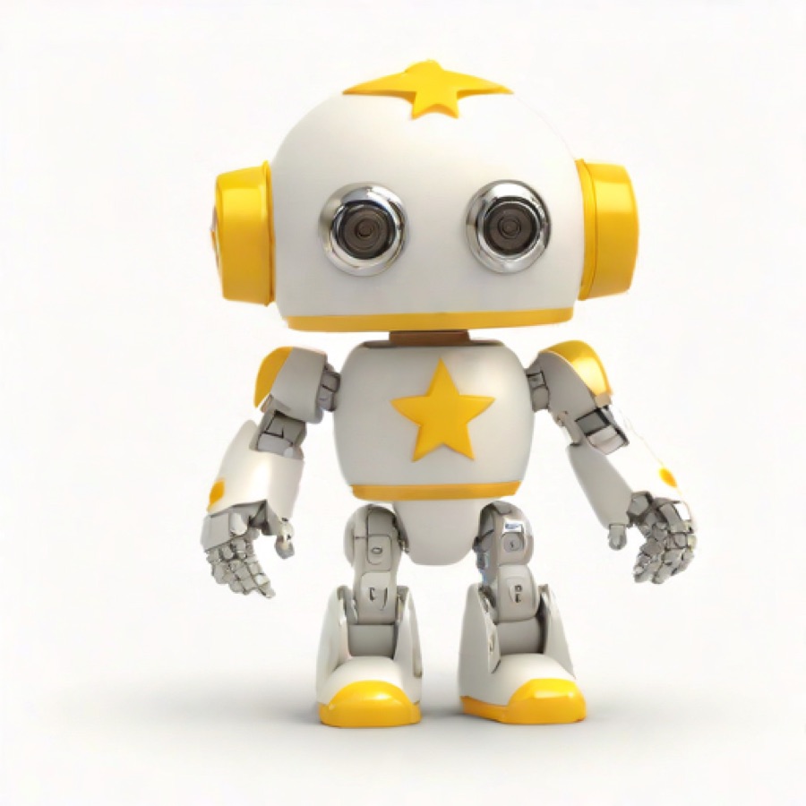 First attempt: a white robot with yellow ear pods and feet, a yellow star on its head and one on its chest, hands empty