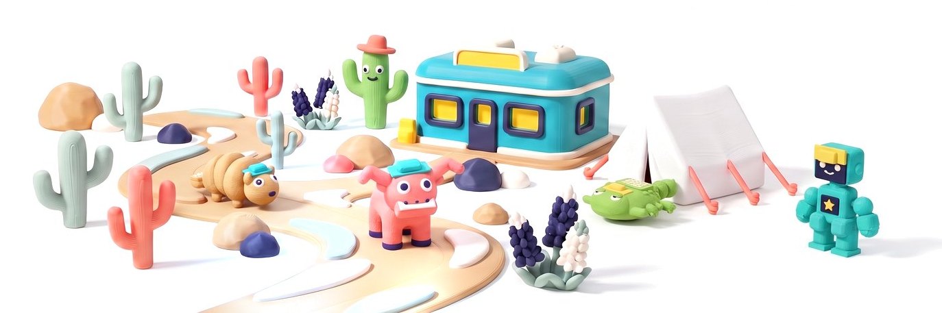 The Back Forty Trail as a 3D-printed toy playset with Tumble the Armadillo, Buck the Longhorn, Prickle the Horned Lizard, Sprout the Cactus and Tiny Tex
