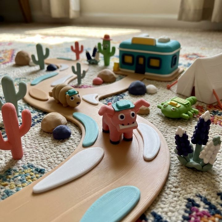 The Back Forty Trail playset: out on the rug, trail laid out