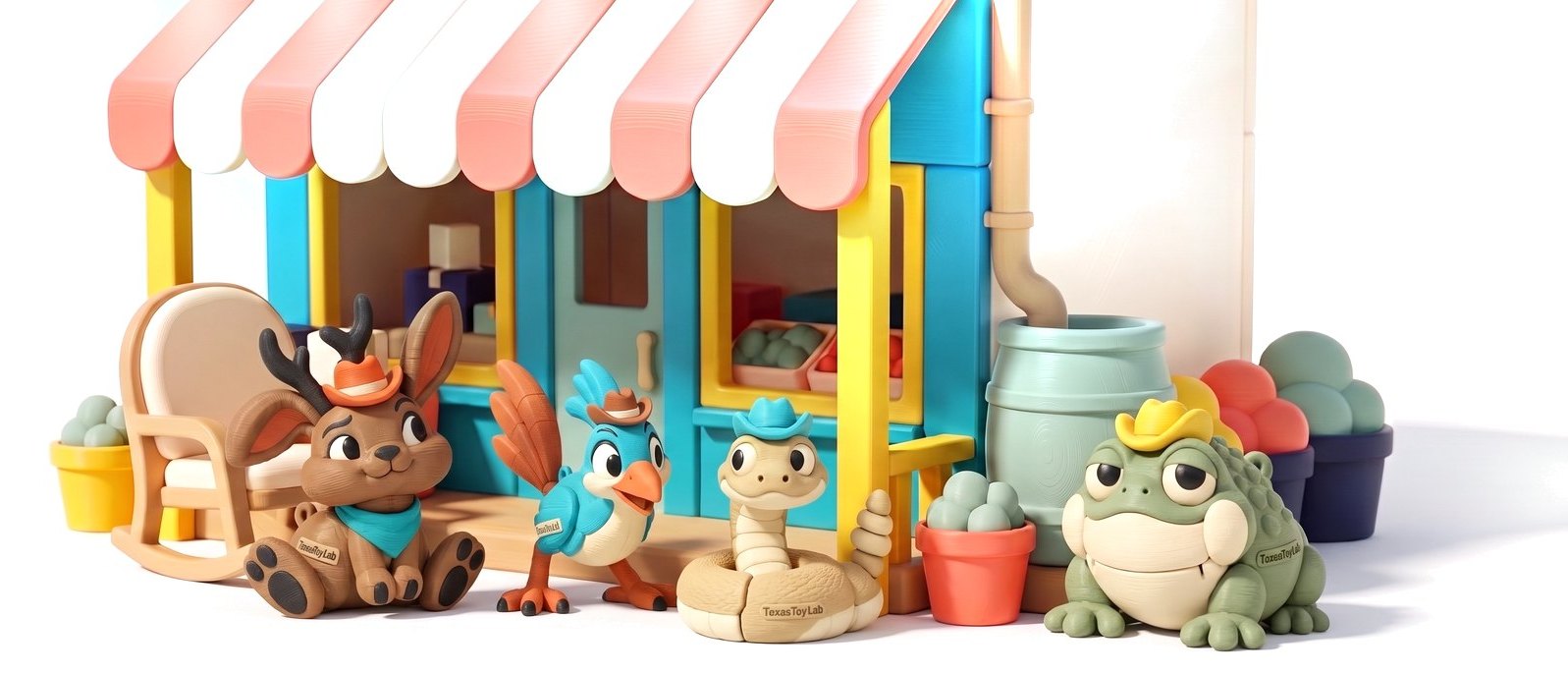 The Front Porch as a 3D-printed toy playset with Jack the Jackalope, Beep the Roadrunner, Mr. Rattlesnake and Mr. Toad