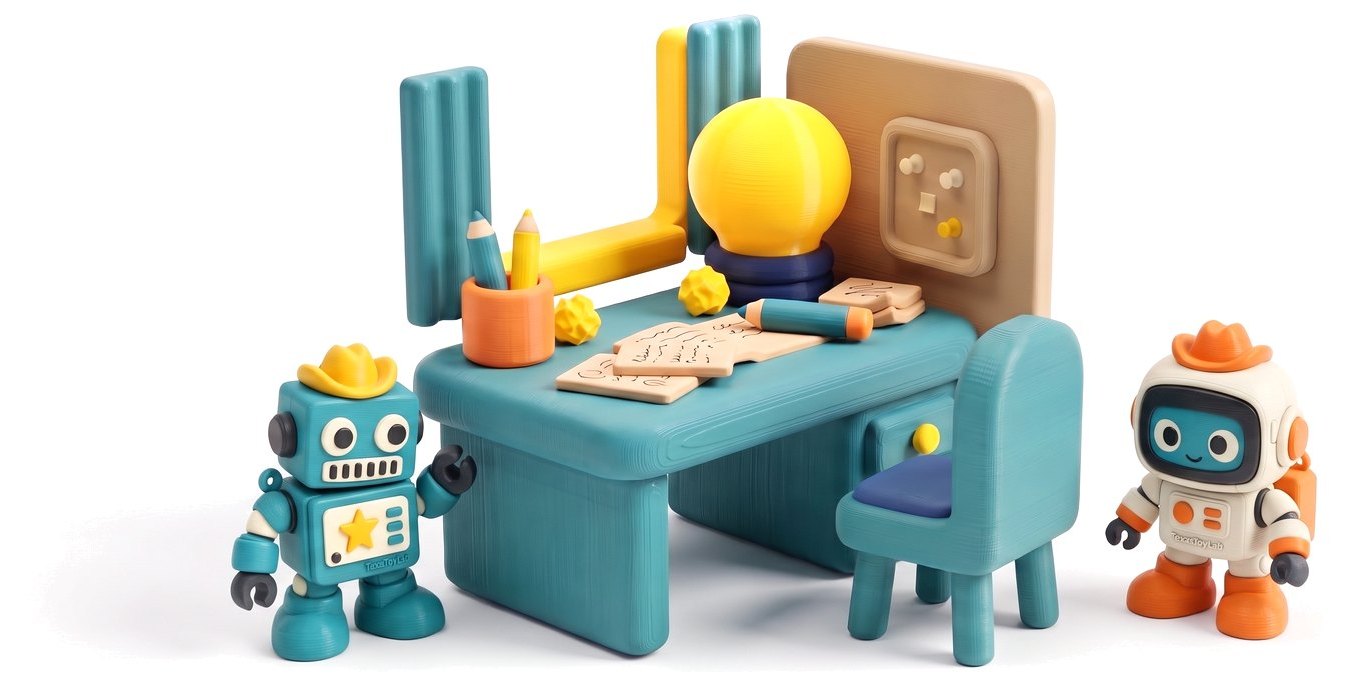 The Idea Desk as a 3D-printed toy playset with Tex the Lab Robot and Mission Bot