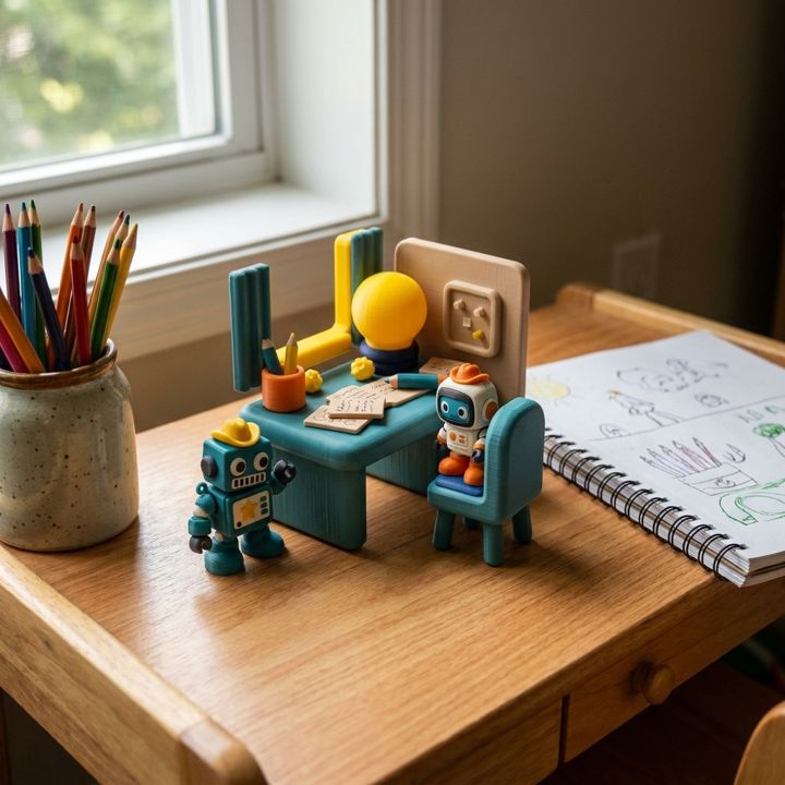 The Idea Desk playset: on a kid's desk, next to the sketchbook