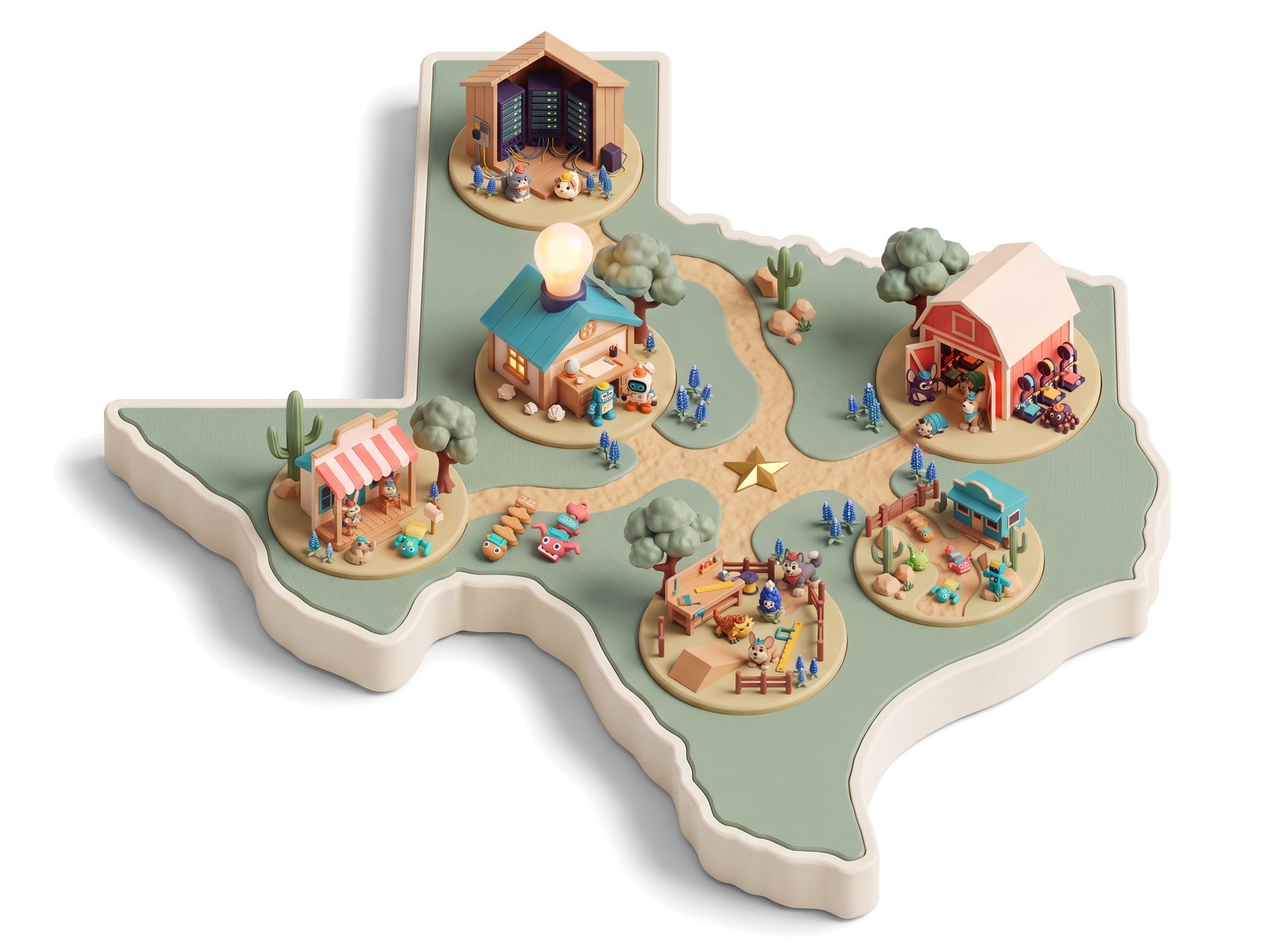 Map of Crew Country: a 3D-printed toy playset shaped like Texas, with the whole crew at home in six places joined by trails and a gold star for Austin: the Idea Desk, Norman's Rack, the Printer Ranch, the Test Bench, the Front Porch and the Back Forty Trail