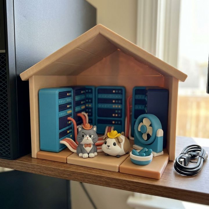 The Norman's Rack playset: on the office shelf, cables and all