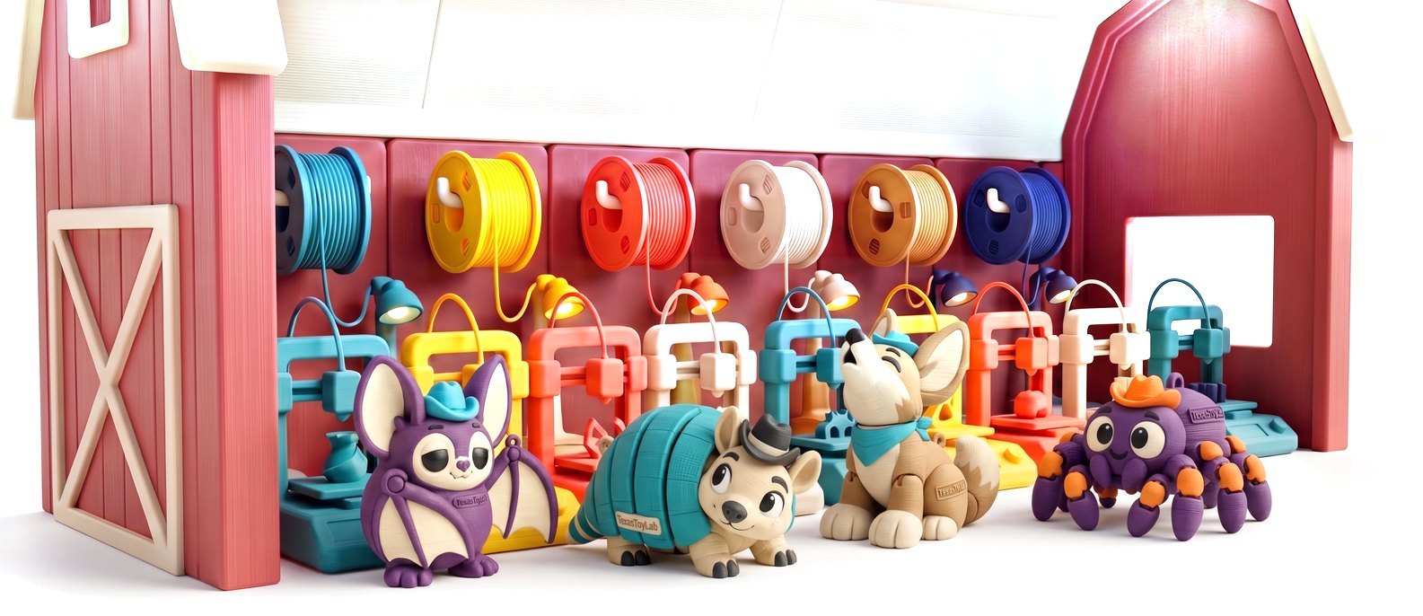 The Printer Ranch as a 3D-printed toy playset with Congress the Bat, Armie the Armadillo, Mr. Coyote and Mr. Tarantula