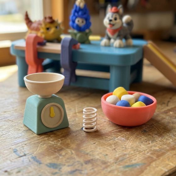 The Test Bench playset: scale, spring and test balls