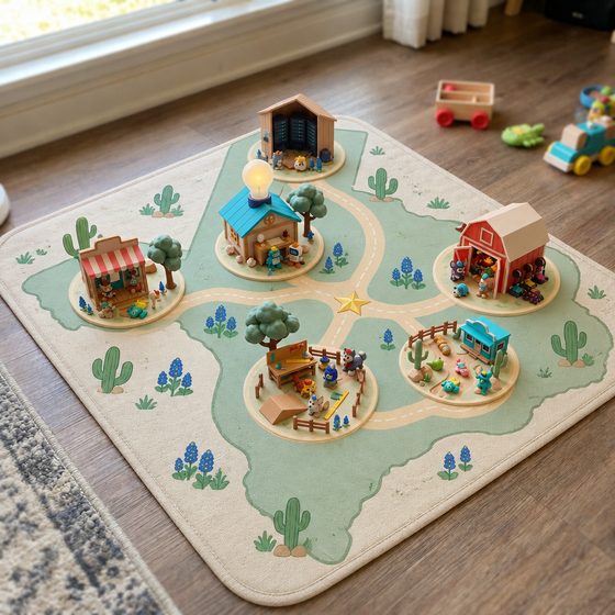 The Test Bench playset: all six places, collected on the play mat