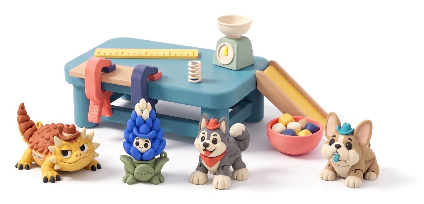 The Test Bench as a 3D-printed toy playset with Spike the Horned Lizard, Blue the Bluebonnet Buddy, Hunter the Husky and Reggie the Frenchie