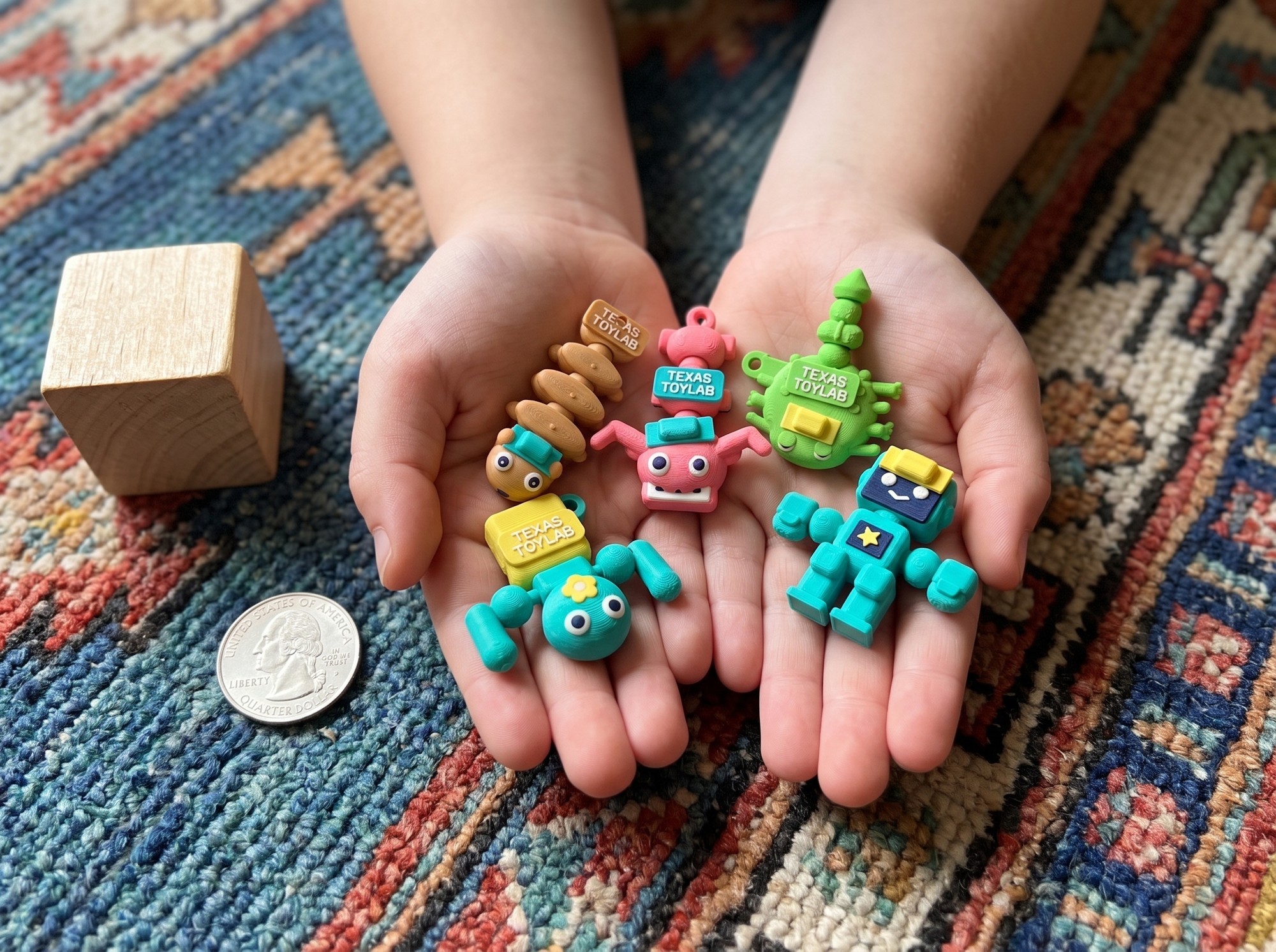 All five Pocket Crew in a child's cupped hands with a quarter for scale